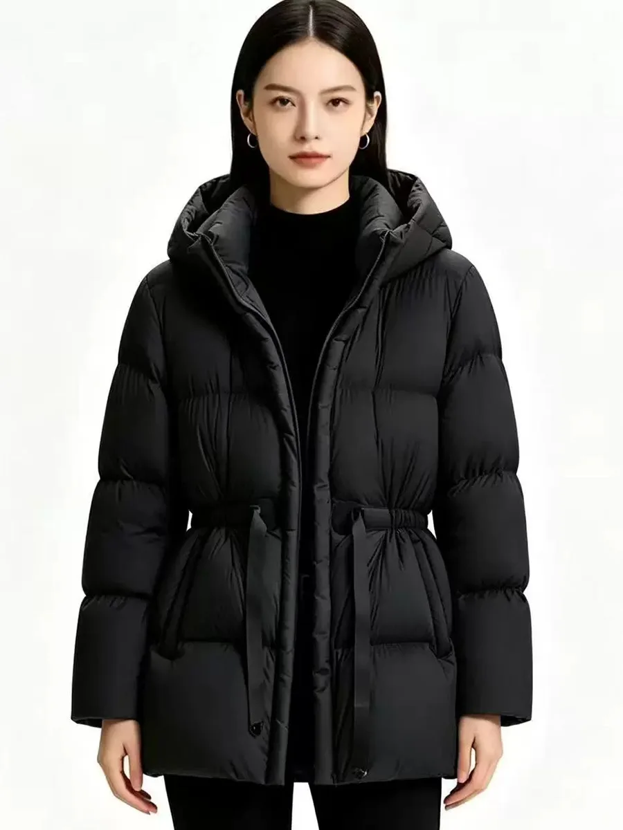 Winter High Quality Hooded Down Jacket Women White Duck Down Thicken Warm Outwears Female Waist Drawstring Parker Down Jacket