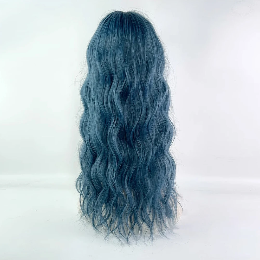 Long Wavy Blue Synthetic Wig Women Fluffy Lolita Cosplay Wig Middle Part Heat Resistant for Daily Party