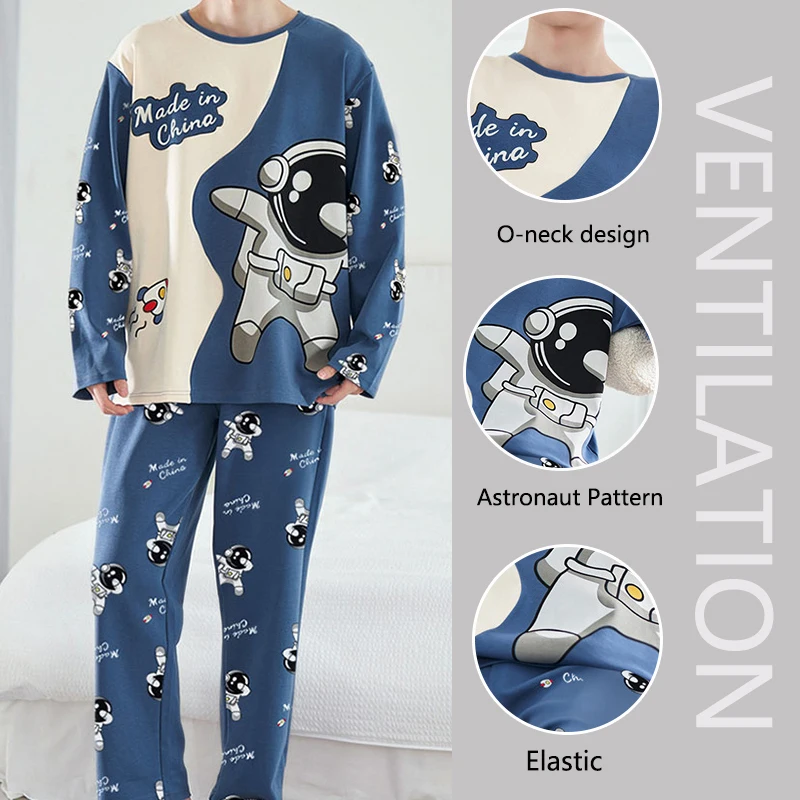 Plus size pijamas masculinos outono inverno manga comprida solto lazer 2 pçs/set letras astronauta azul o-pescoço macio casual pijamas xxxl