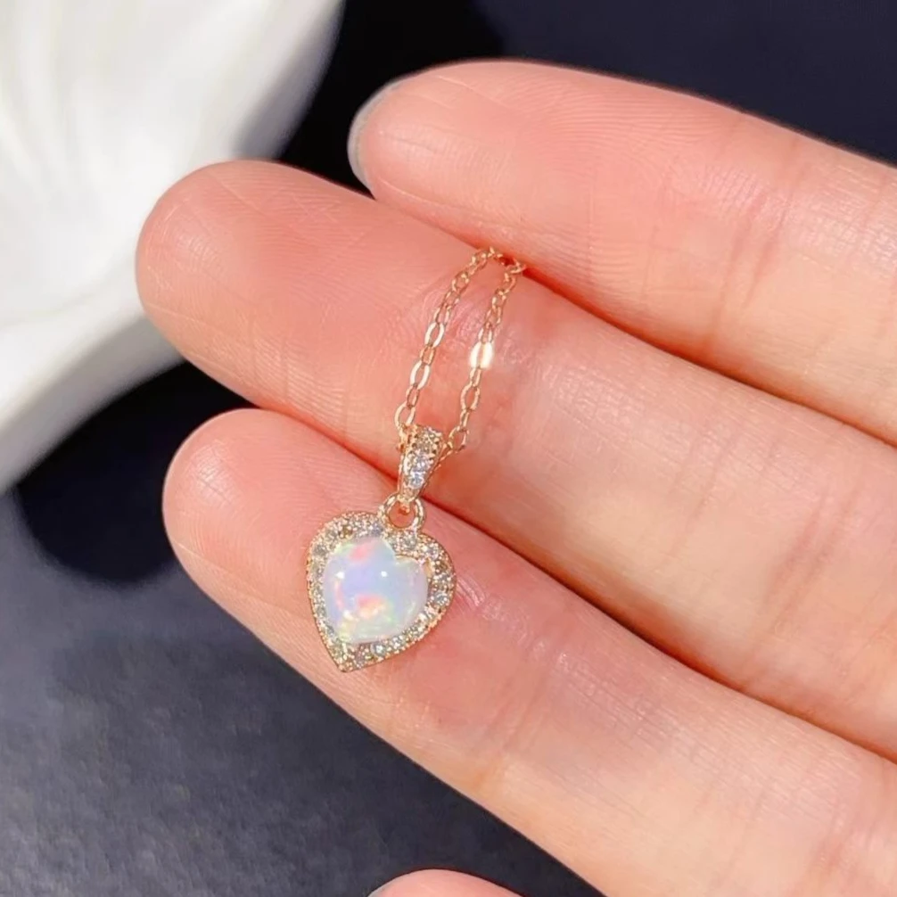 

925 Silver White Opal Pendant 6mm Heart Shape Natural Opal Necklace Pendant with Free Jewelry Certificate Gift for Girl