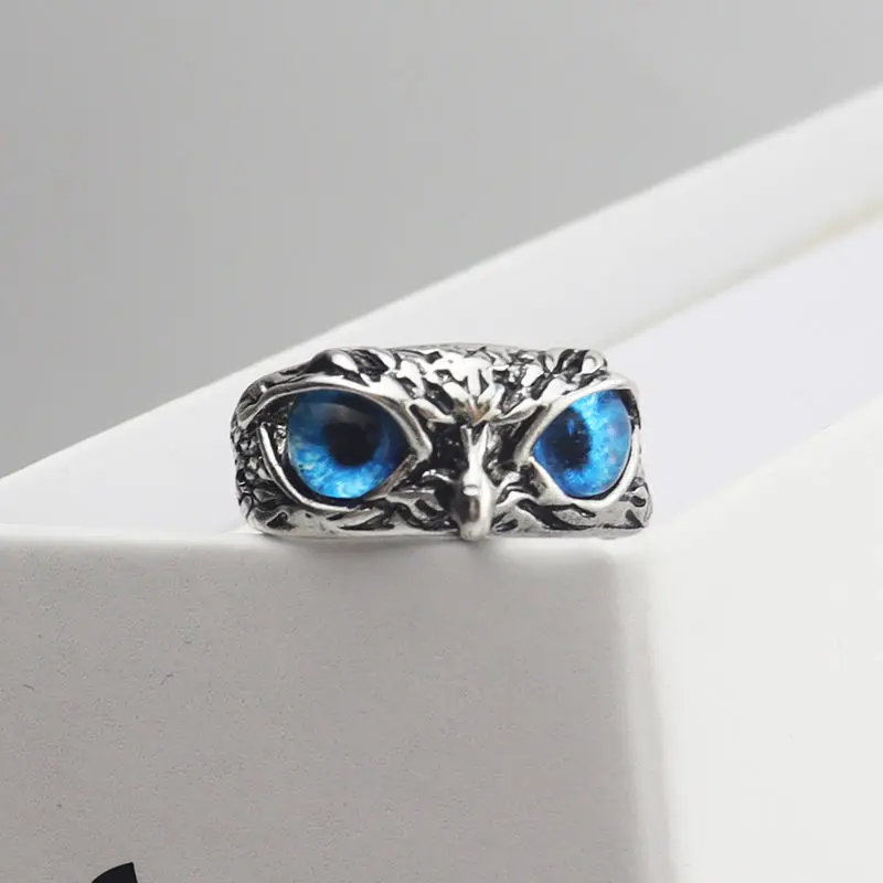 1Pcs New In Alloy Vintage Owl Blue Eyes Silver Color Ring for Men Women Cool Unisex Statement Opening Adjustable Anillo Jewelry