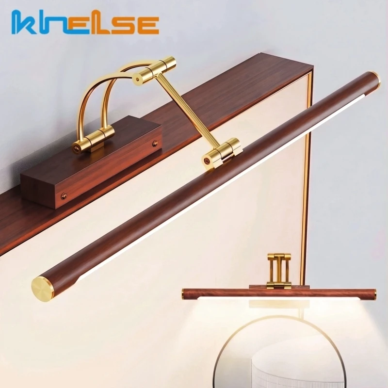 Retro LED Bathroom Wall Lamp Walnut Wood Grain Foldable Arm Picture Light Shower Vanity Makeup Mirror Cabinet Wall Light Fixture