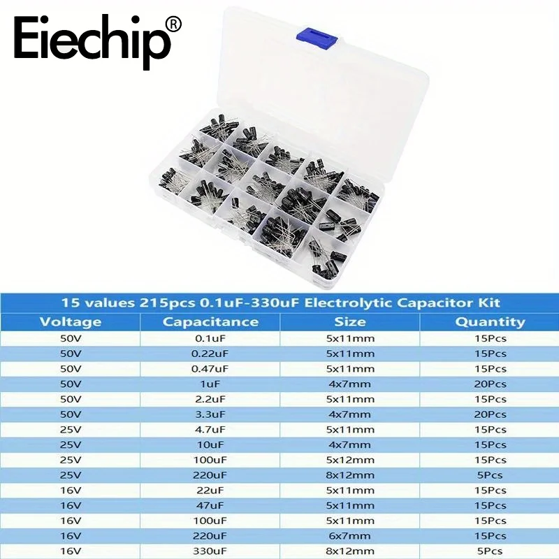 120/215 Pcs Electrolytic Capacitor Combination Kit 1uF-470uF/0.1uF-330uF 16v/25V/50 Valuminum Electrolytic Capacitor Set