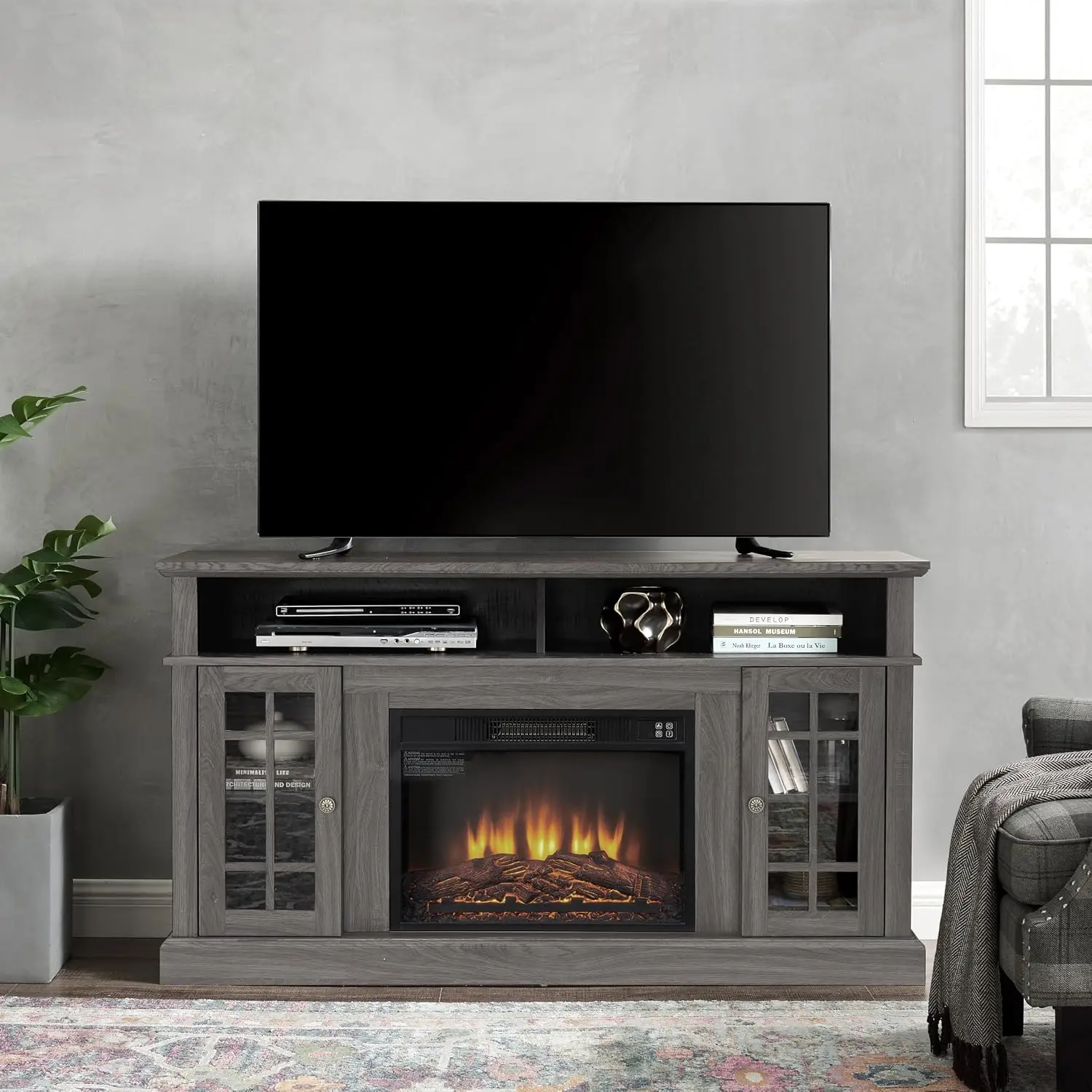 Fireplace TV Stand 65 Inch Media Console 23 Inch Electric Heater Open Closed Storage Glass Doors 58.25x15.75x32 Inch, Customized