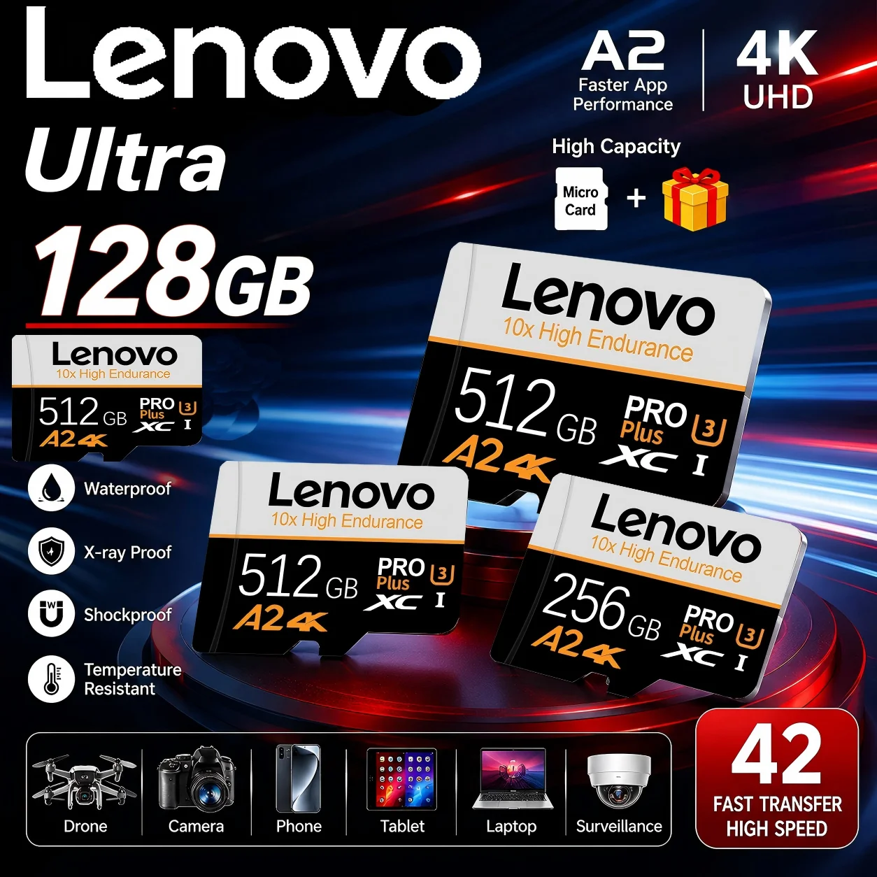Cartão de Memória Micro TF SD Premium Lenovo, Cartões SD TF de 512GB, 256GB, 128GB com Correção de Erros A2 para Câmera / Tablet / Telefone / PC