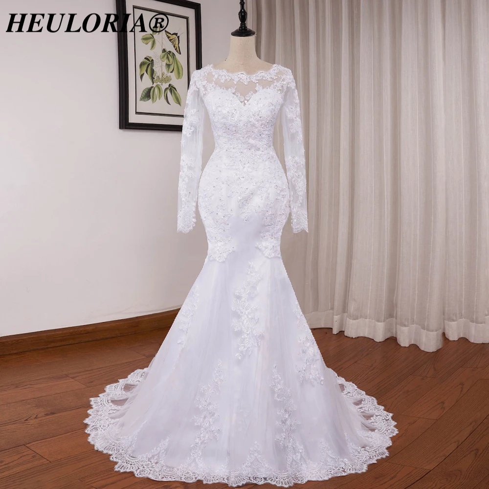 HEULORIA vintage Mermaid Wedding Dresses long sleeve o neck bride dress Plus size lace beading Wedding dress Robe de mariage