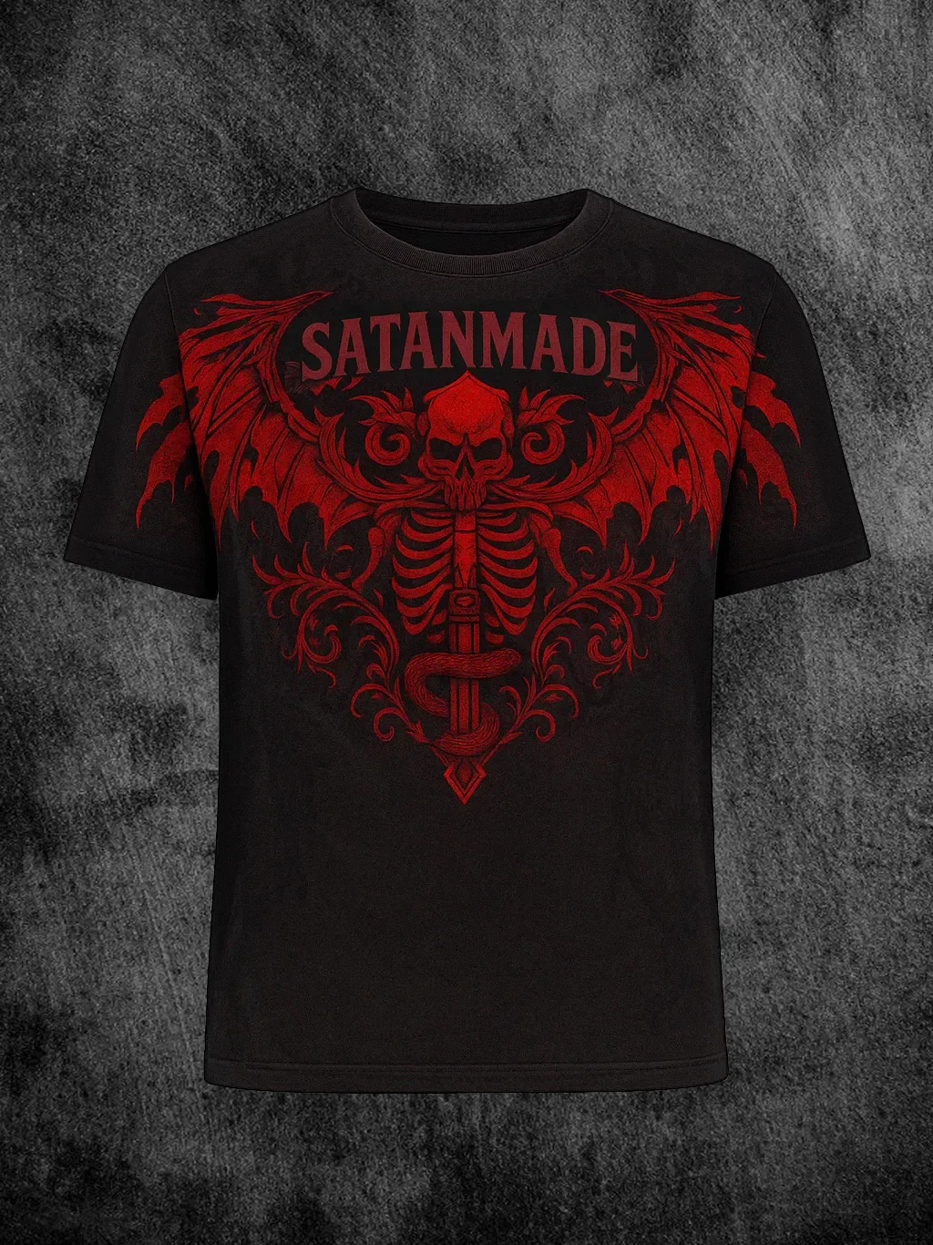 Dark Street Style T-shirt SATANMADE Red Wings Skull Snake Sword Heavy Metal Rock T-shirt