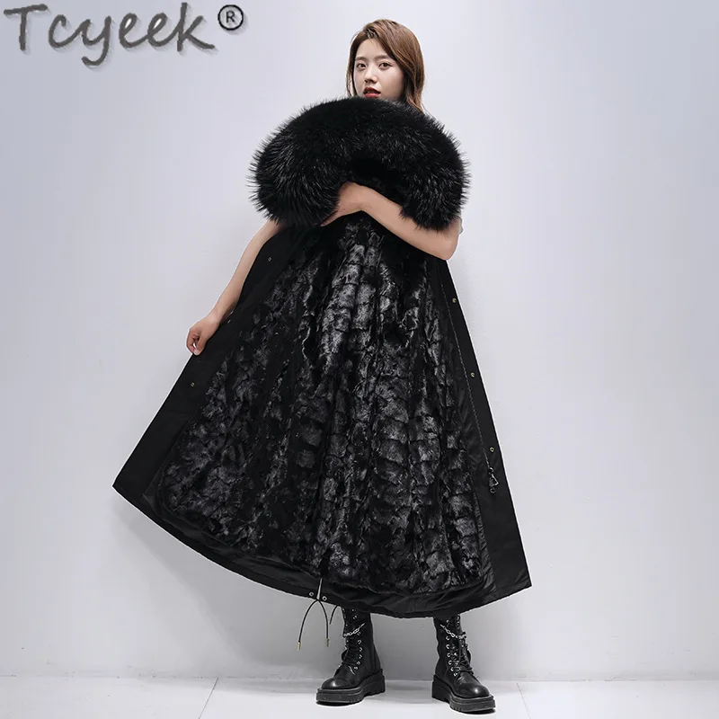 

Tcyeek Mid-length Real Fur Parka Female Winter Women Clothes Elegant Mink Fur Liner Detachable Coat Warm Raccoon Fur Collar 2023