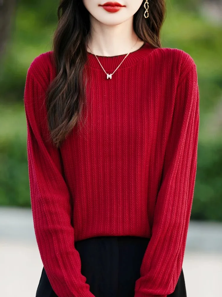 Sweter damski z okrągłym dekoltem, wykończony koronką, bawełniany, jesienno-zimowy, nowy, modny, dzianinowy top do noszenia pod spód.