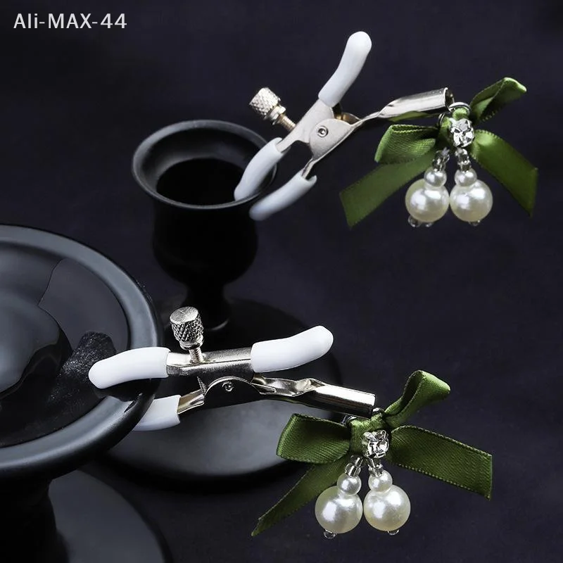 Pink Adjustable Metal Nipple Clamps with Soft Non-Slip Pads Bow Pearl Rhinestone Decor for Couples Intimate Bedroom Play view 4