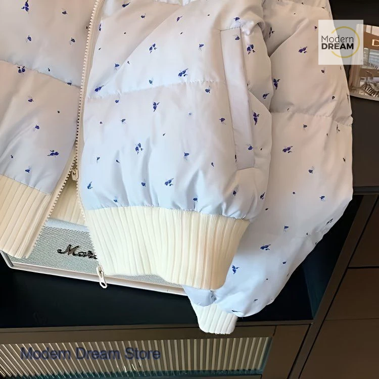 French style sweet floral lapel cotton-padded jacket coat women's autumn and winter design stitching zipper cotton-padded jacket