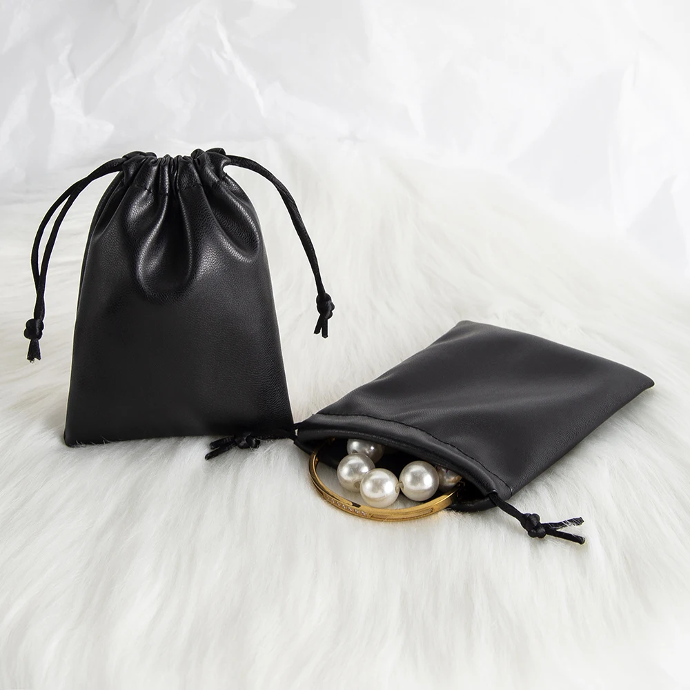 10Pcs Black PU Leather Jewelry Drawstring Bags