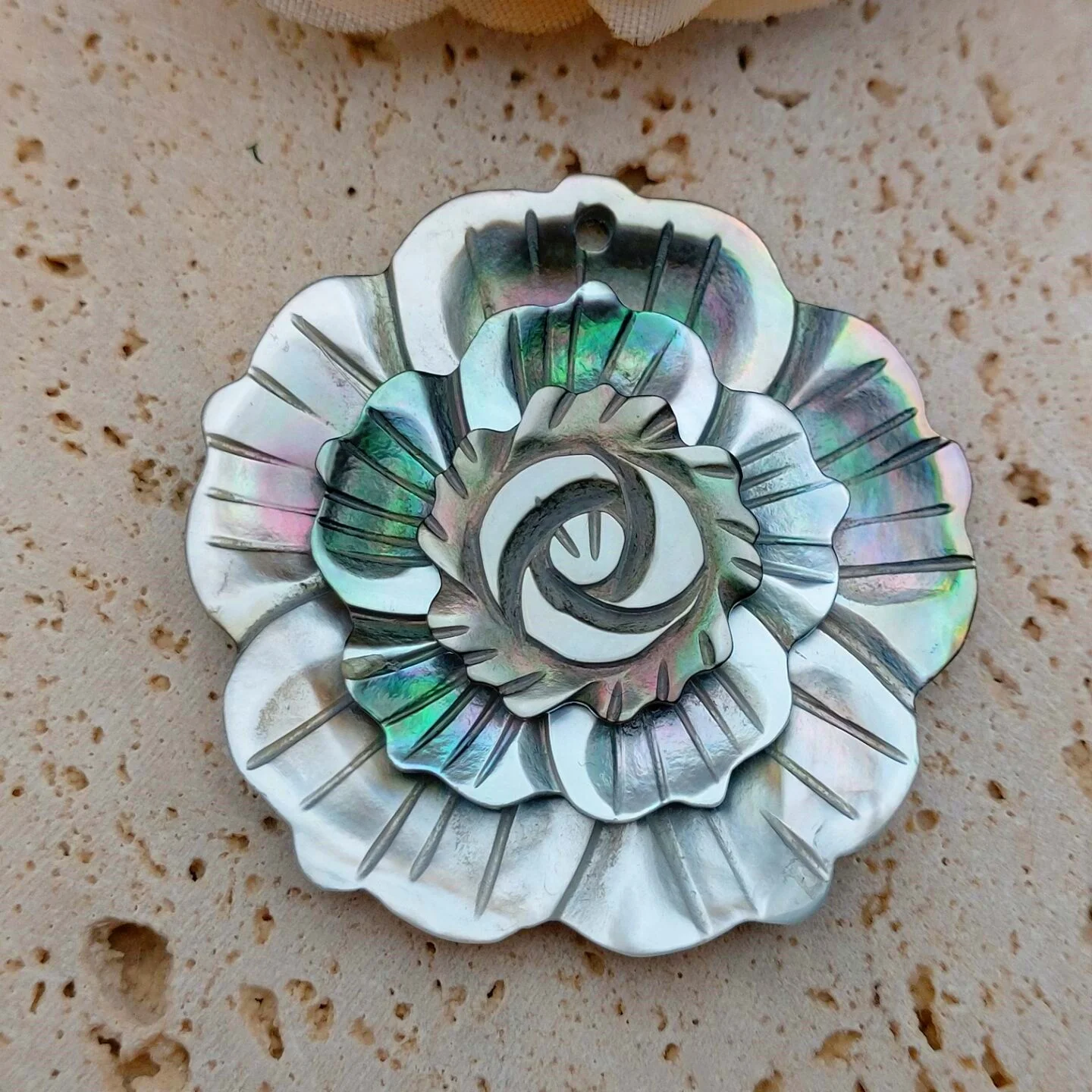 Large Carved Mother of Pearl Shell Flower Pendant Tahitian Gray MOP Sea Shell Charm for Necklace Making