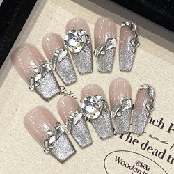 10pcs Handmade Press On Nails Flash Cat's Eye Nude Color Fake Nail Patches French Style Glossy Rhinestone Decor Fake Nail Tips