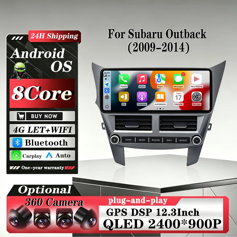 12.3 Inch Android 16 Car Radio with GPS Navigation 4G WIFI BT Stereo Video Player Carplay for Subaru Outback 2009-2014