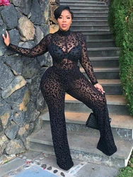 Sibybo Fashion Gauze Jumpsuits Sexy Leopard Print See Through Rompers Casual Basic Long Sleeves Wide Leg Pants Hot Girl Clothing