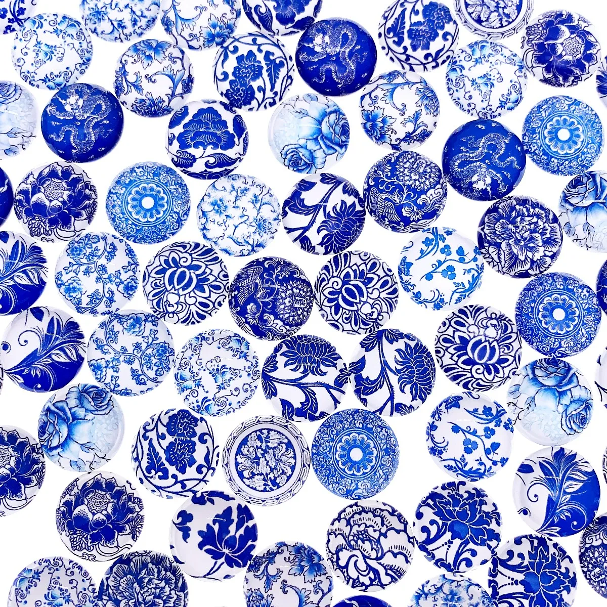 8 10 12 14 16 18 20 25 30mm Random Mixed Style Blue and white Porcelain Round Glass Cabochon Flatback Photo Base k04146