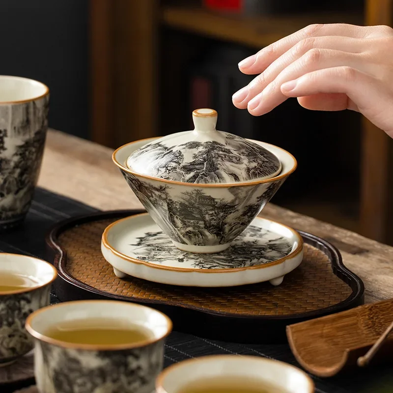 

Ru Kiln Landscape Porcelain Dou Li Gaiwan Set For Tea Tureen Teaware Cup Chinese Yellow Ceramic Opening Tea Bowl Tea Ceremony