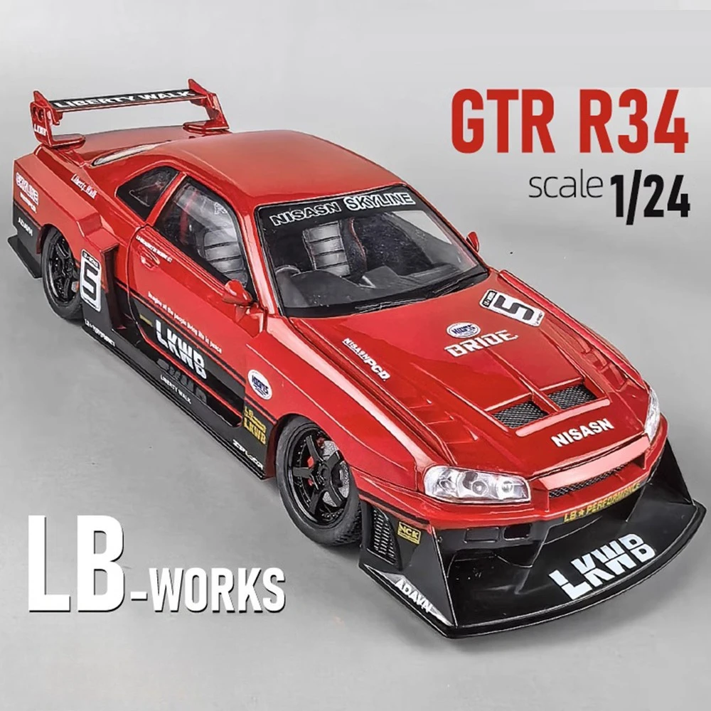 1:24 GTR S15 R34 Auta ze Stopu Metalu Zabawki Odlewane Modele 4 Otwierane Drzwi Dźwięk Światło Napęd Pull Back Miniaturowy Samochód Sportowy Ozdoby do Domu