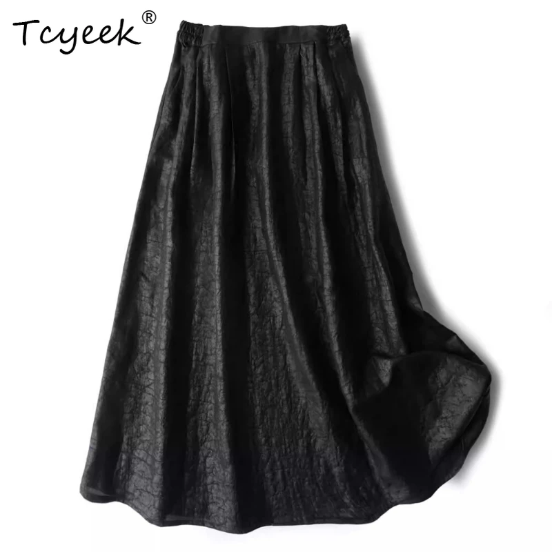 

Tcyeek 100% Mulberry Silk Summer Turtle Patterned Double-sided Chinese Style A-line Mid Length Women's Skirt Юбка Женская スカート