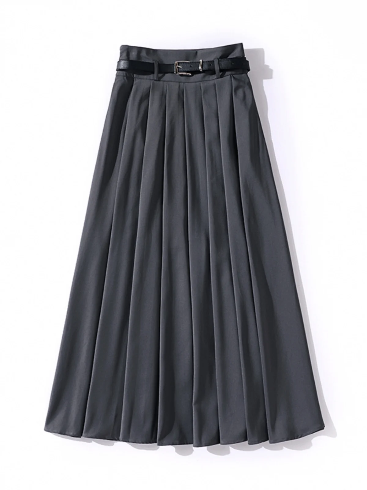 Rok Wanita Musim Semi Gugur Ukuran Kecil Pinggang Tinggi Model A-Line Slim Lipit Rok Panjang dengan Kelim Lebar