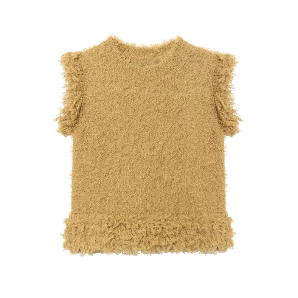 

Autumn and Winter Women's New Casual 100 Edge Decorative Artificial Fur Effect Round Neck Sleeveless Knitted Top