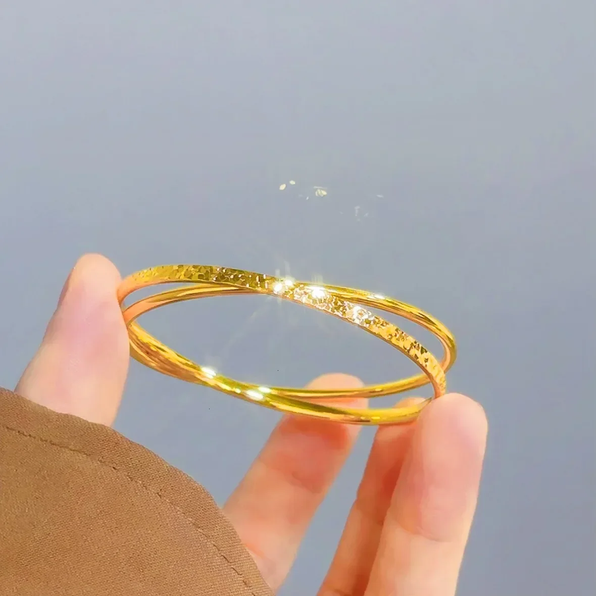 9999 oro Real 24K luz de lujo disco que rebota explosivo patrón de hielo roto pulsera de doble anillo K oro pulsera de hielo roto