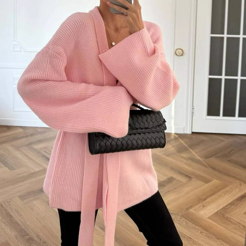 

French Style Sweater Jacket Mid Length Autumn Winter New Style Causal Tie Knit Cardigan