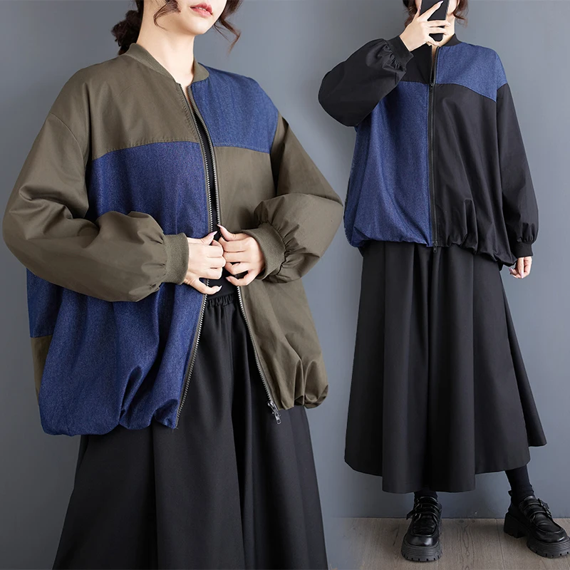 

Женская повседневная свободная двухслойная джинсовая лоскутная куртка с воротником-стойкой больших размеров, модная верхняя одежда на весну и осень, Новое поступление