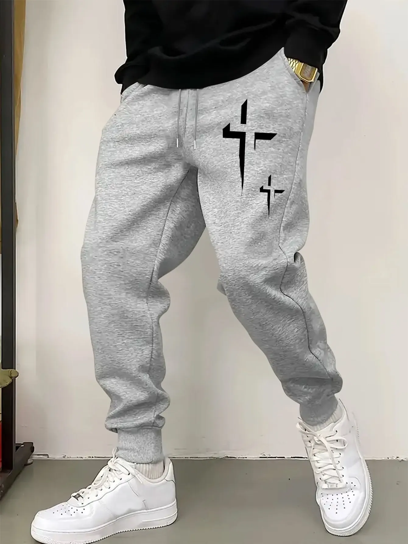 Stylish dark‑aesthetic jagged two‑cross geometric decorative fleece sweatpants men hip hop sports daily jogger trousers
