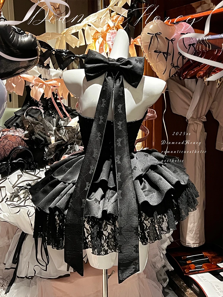 DH Original Design Sweet Girls Big Pink Bow Tie Cute Dress Slim Sexy Princess Birthday Party Mini Black Ball Gown Dress Vestido