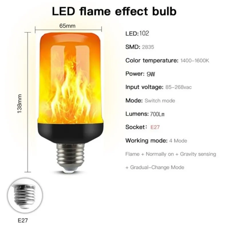 O mais recente e27 conduziu a cintilação da lâmpada do milho do fogo e14 da chama conduziu a luz efeito dinâmico da chama 3w 5w 9w 85v-265v para a