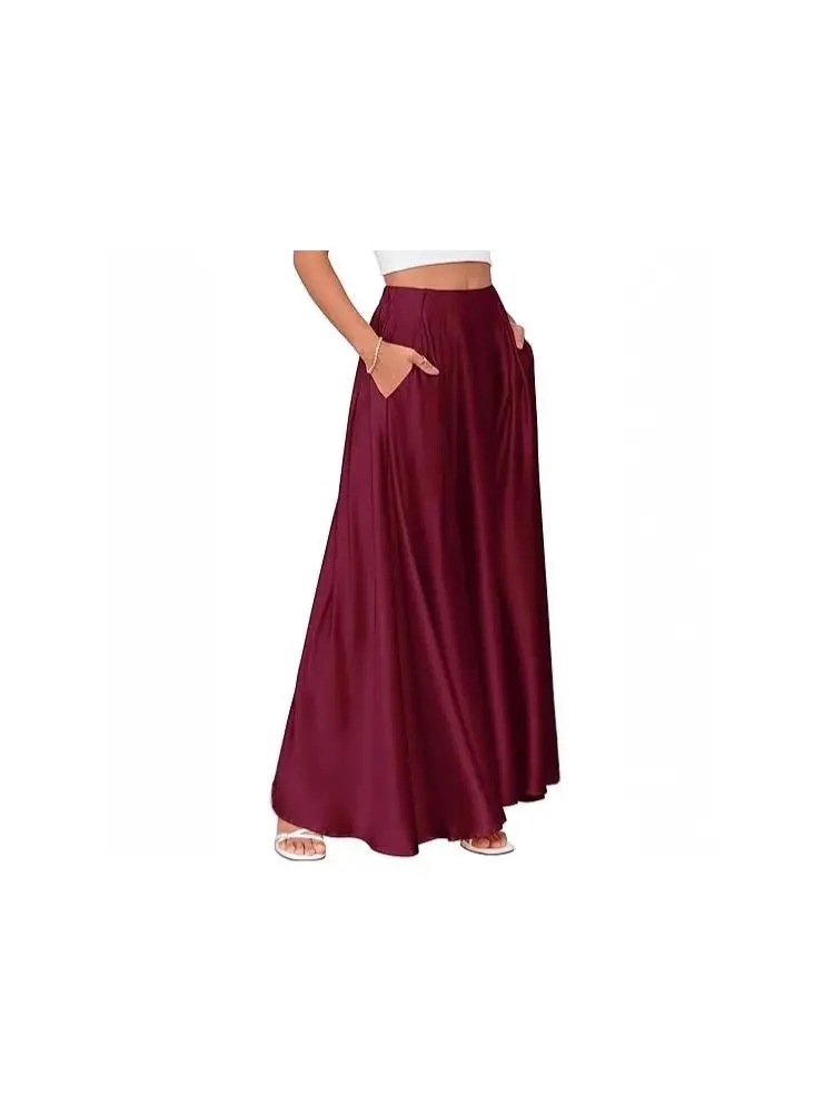 Elegant Women's Satin Half Skirt Spring Summer New Style Pure Color Drifting Professional Pocket Long Skirt Vintage Design