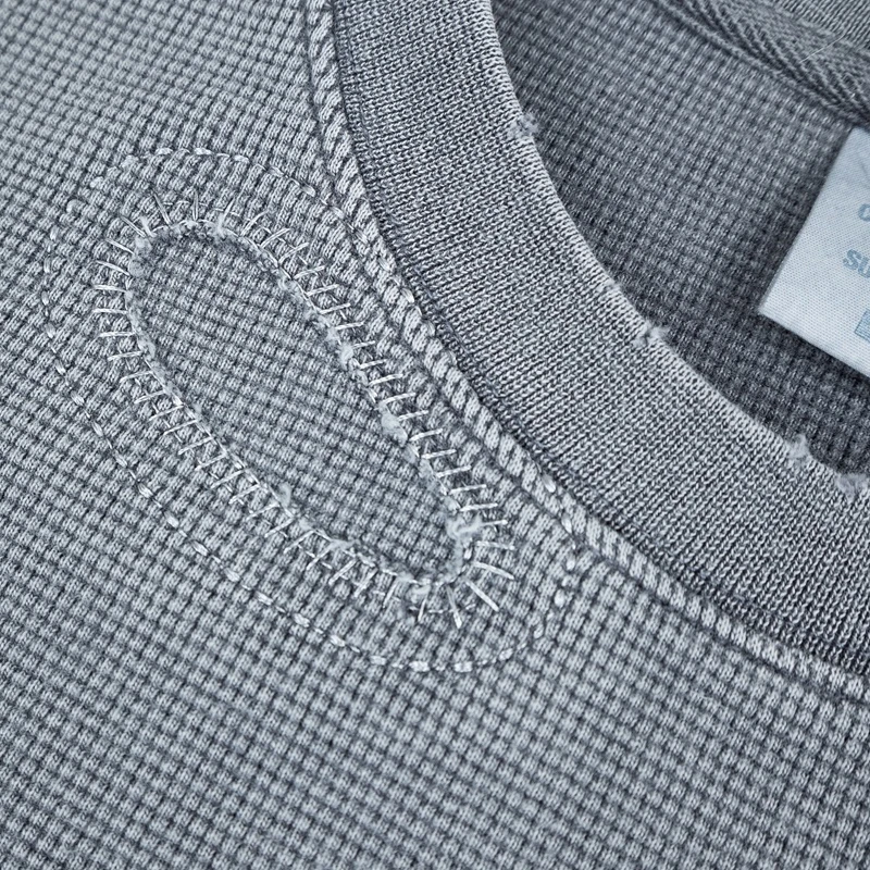 Neue Stil Einfarbig Waffel Langarm T-shirt Retro Tun Alte Casual Einfache Kreative Design Patch Top T