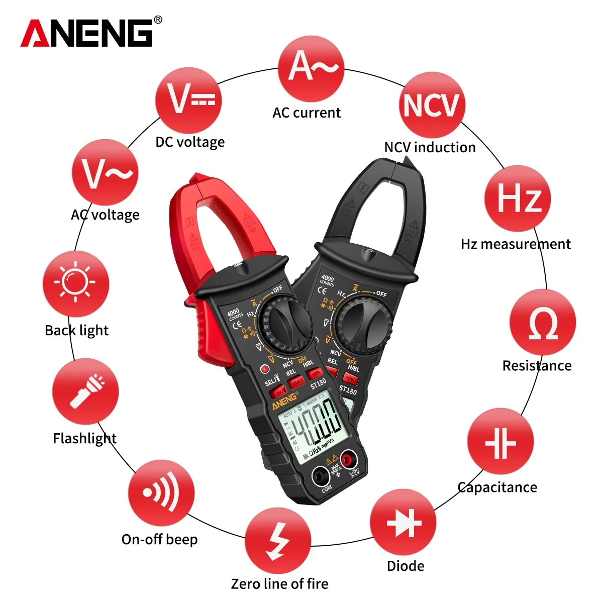 ANENG ST180 4000 recuentos medidor de pinza Digital multímetro de corriente CA amperímetro probador de voltaje amplificador de coche Hz capacitancia NCV Ohm herramienta