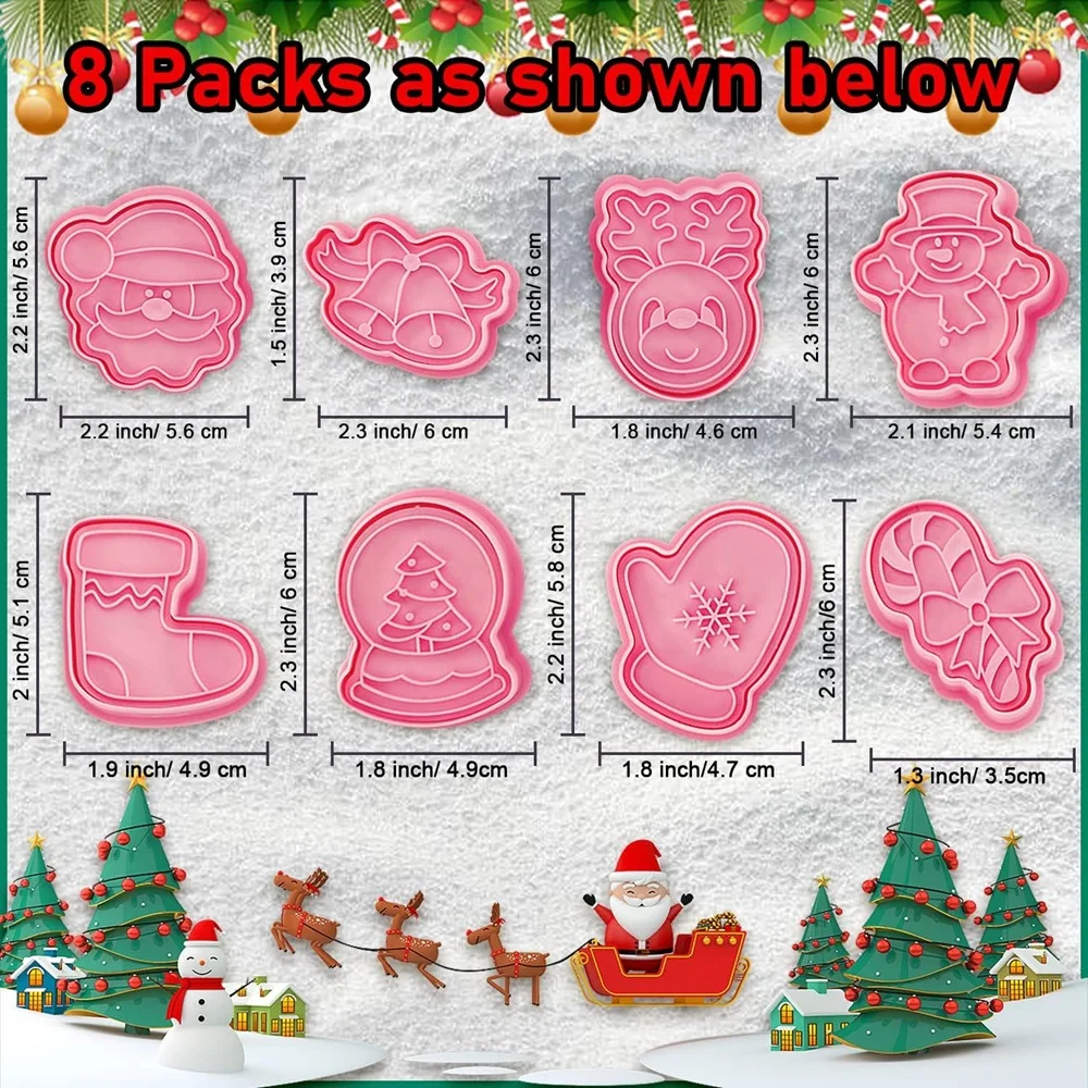 8 PCSChristmas Cookie Molds Christmas Dough Stamps Plastic 3D Cartoon Pressable Cookie Molds DIY Candy Baking Pastry  Decoration