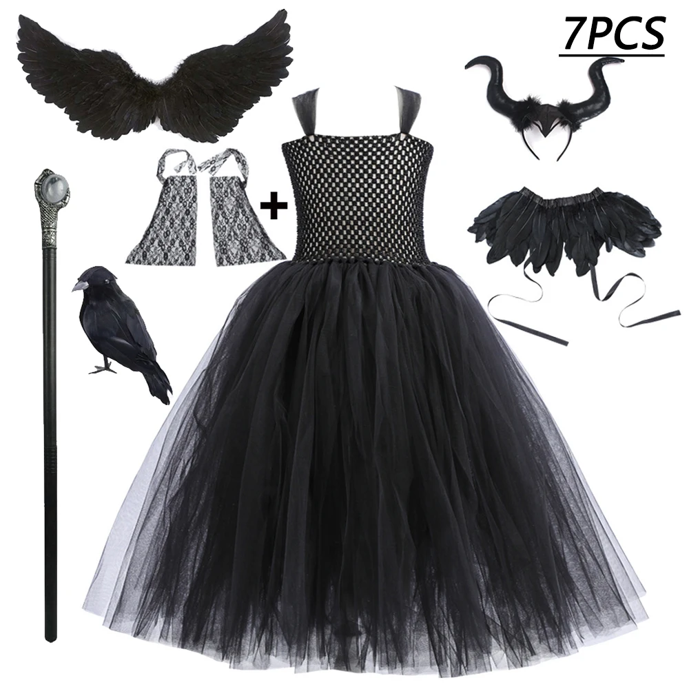 Girls Cosplay Costume Dress Kids Evil Queen Role Play Outfit Black Feather Wing Mesh Tutu Dress for Halloween Carnival