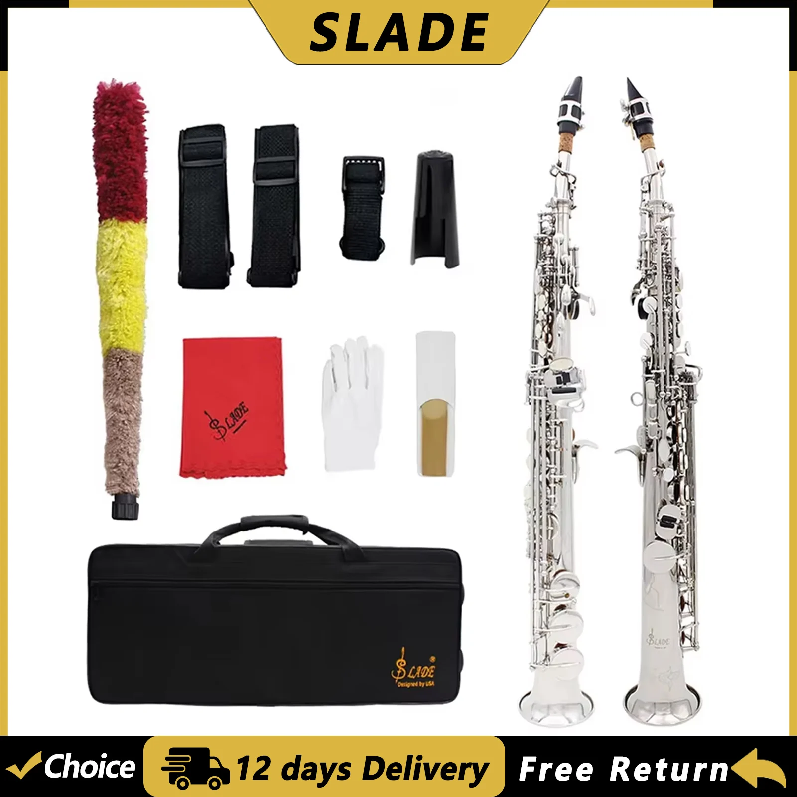 SLADE S60S Soprano Saxophone Brass Body Silver Bb Straight Sax Woowind Instrument Saxfone with Case Reeds Parts & Accessories