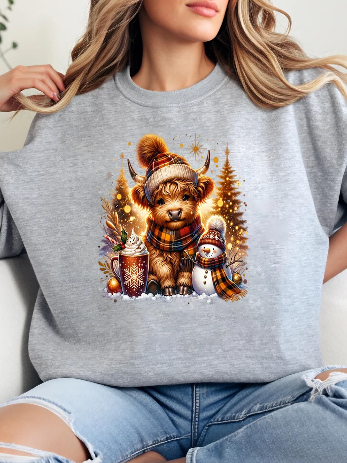 

Рождественские коровки с шапками Санта-Клауса, праздничный свитшот с принтом, женская повседневная одежда, наряд для вечеринки, серый, больших размеров