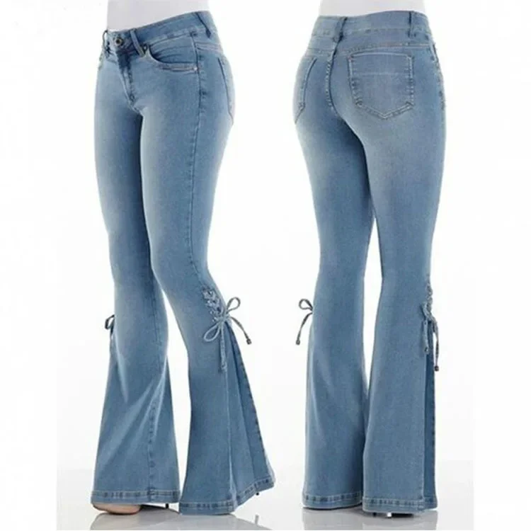 In voller Länge Flare Hosen Frauen Jeans gewaschen Jeans hose Reiß verschluss fliegen locker sitzen Taschen hohe Taille Grundlagen schnüren Vintage