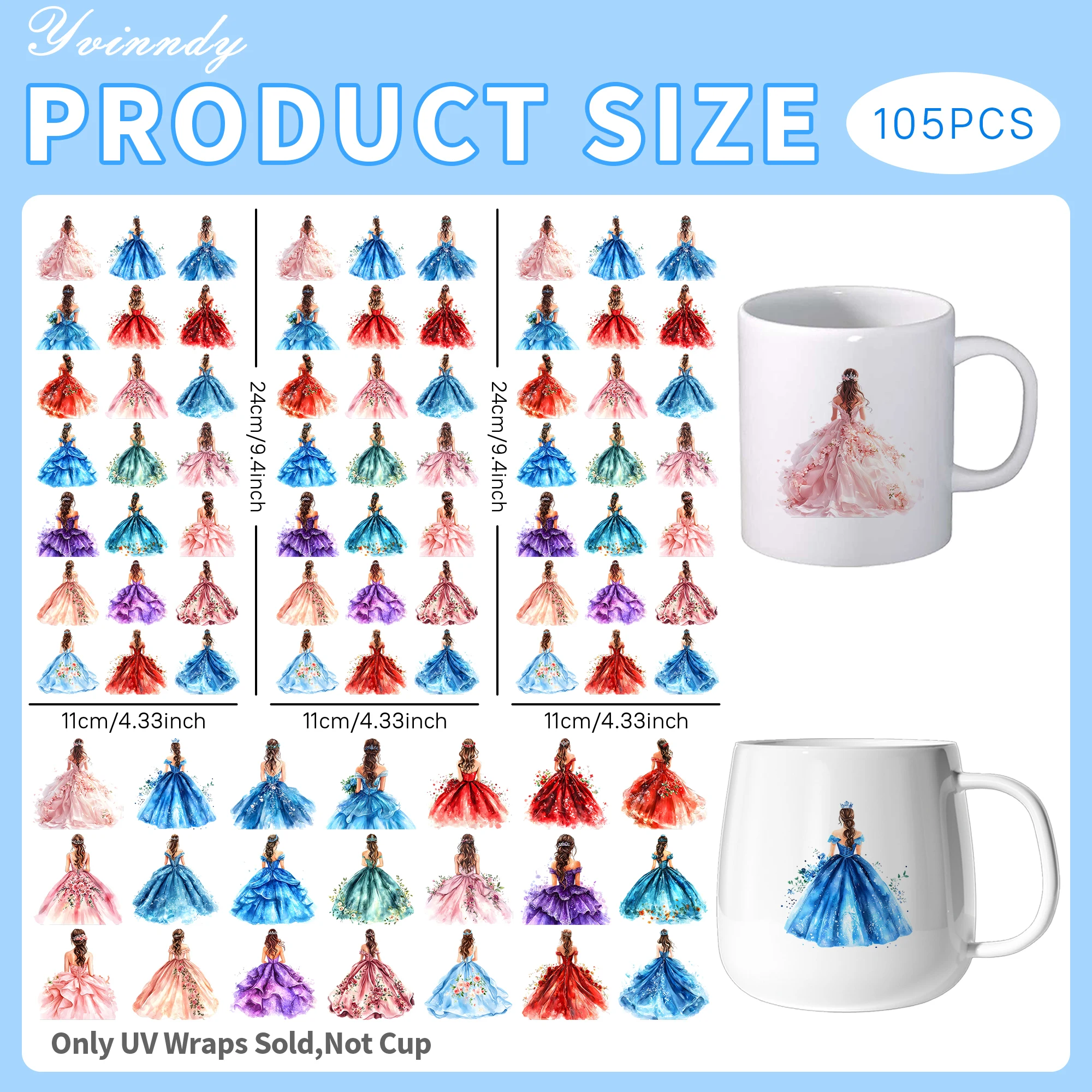 105Pcs/Set Quinceanera Wedding Dress for Women Transfer Sticker DIY Craft Kits with Crystal Label 16oz Glass Jars Wrap Stickers