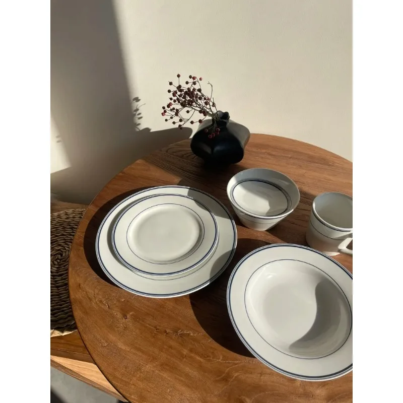 Simple Sle Blue and White Cerc Round Dinner Plate Soup Bowl Western Sle Home Use Diwaer Se Stripe Pattern Inch