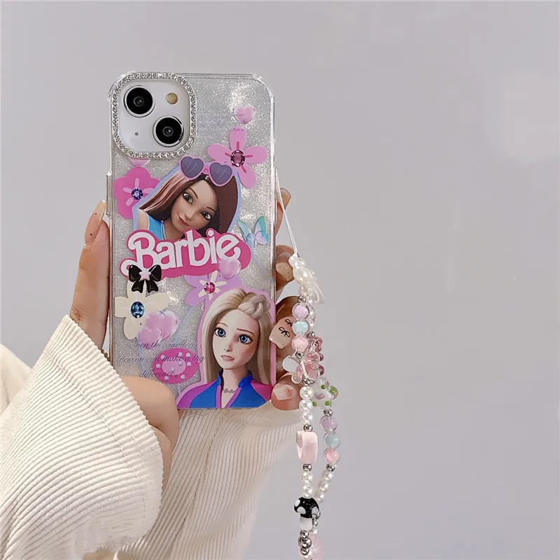 Fashion Barbie Girl Diamond Glitter Phone Case For iPhone 15 14 13 12 Pro Max 15Pro Barbies Trendy women Bracelet Cover