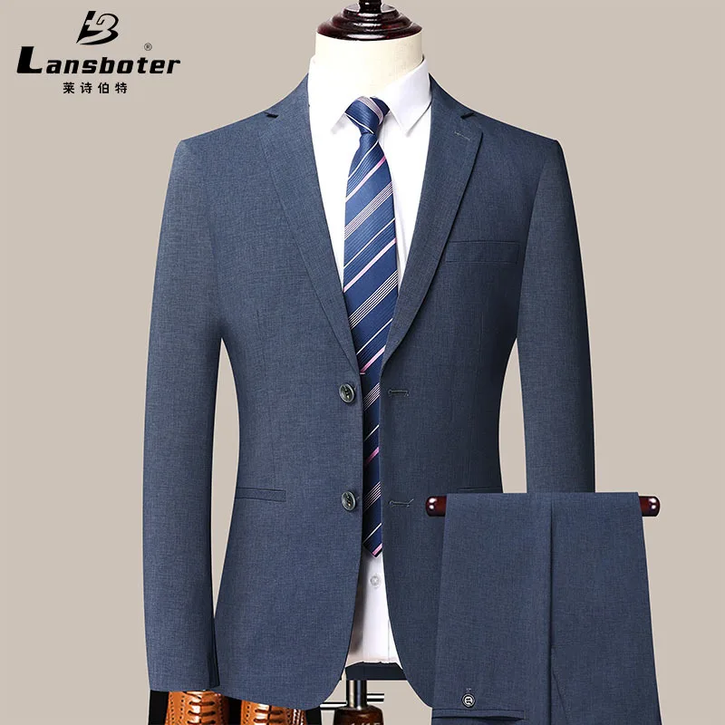 

Lansboter Gray Blue Men's Suit Slim Fit Solid Color Business Dress Simple Casual Two Piece Bridegroom Wedding Dress