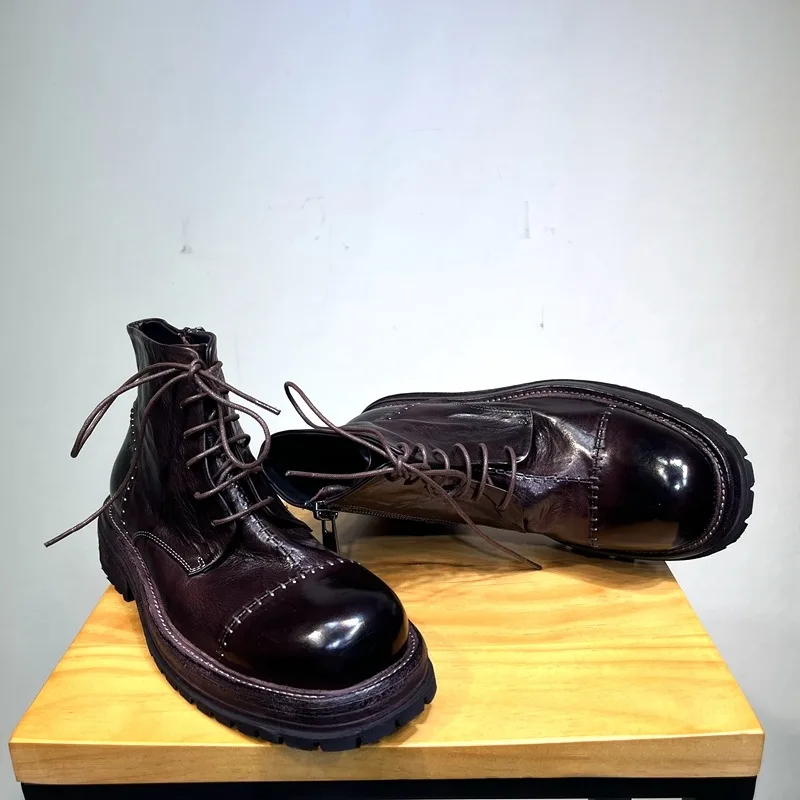 

High End Genuine Leather Boots Men's Shoes Vintage Casual Trendy Motorcycle Lace Up Formal Work Outdoor Chelsea Boots Male