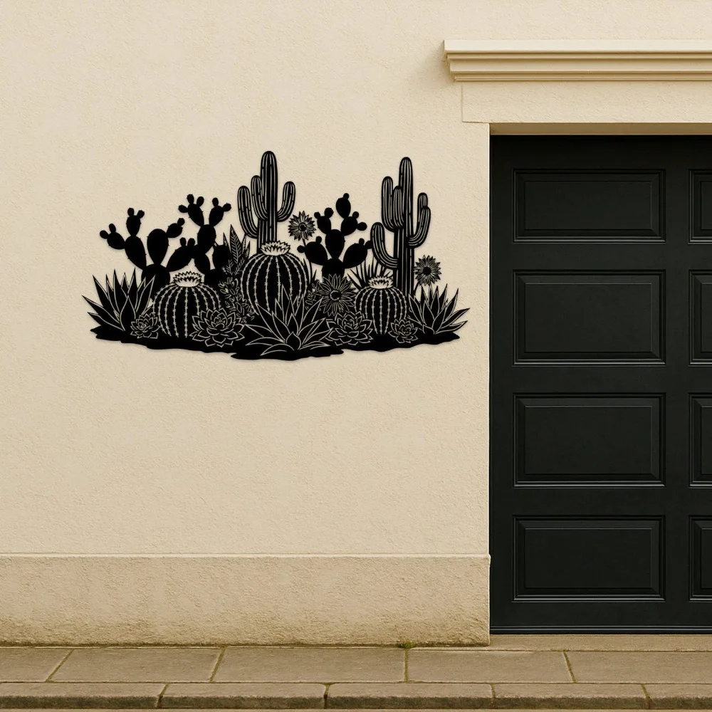 Flat Desert Cactus Metal Wall Art, Laser‑Cut Iron Silhouette, Powder‑Coated Rust‑Resistant Succulent Landscape Wall Decor