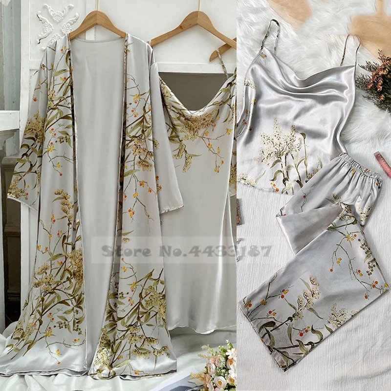 Spring Summer Female Pajama Four Piece Set Trouser Suits Print Flower Satin Kimono Bathrobe Gown Sleepwear Loose Casual Homewear