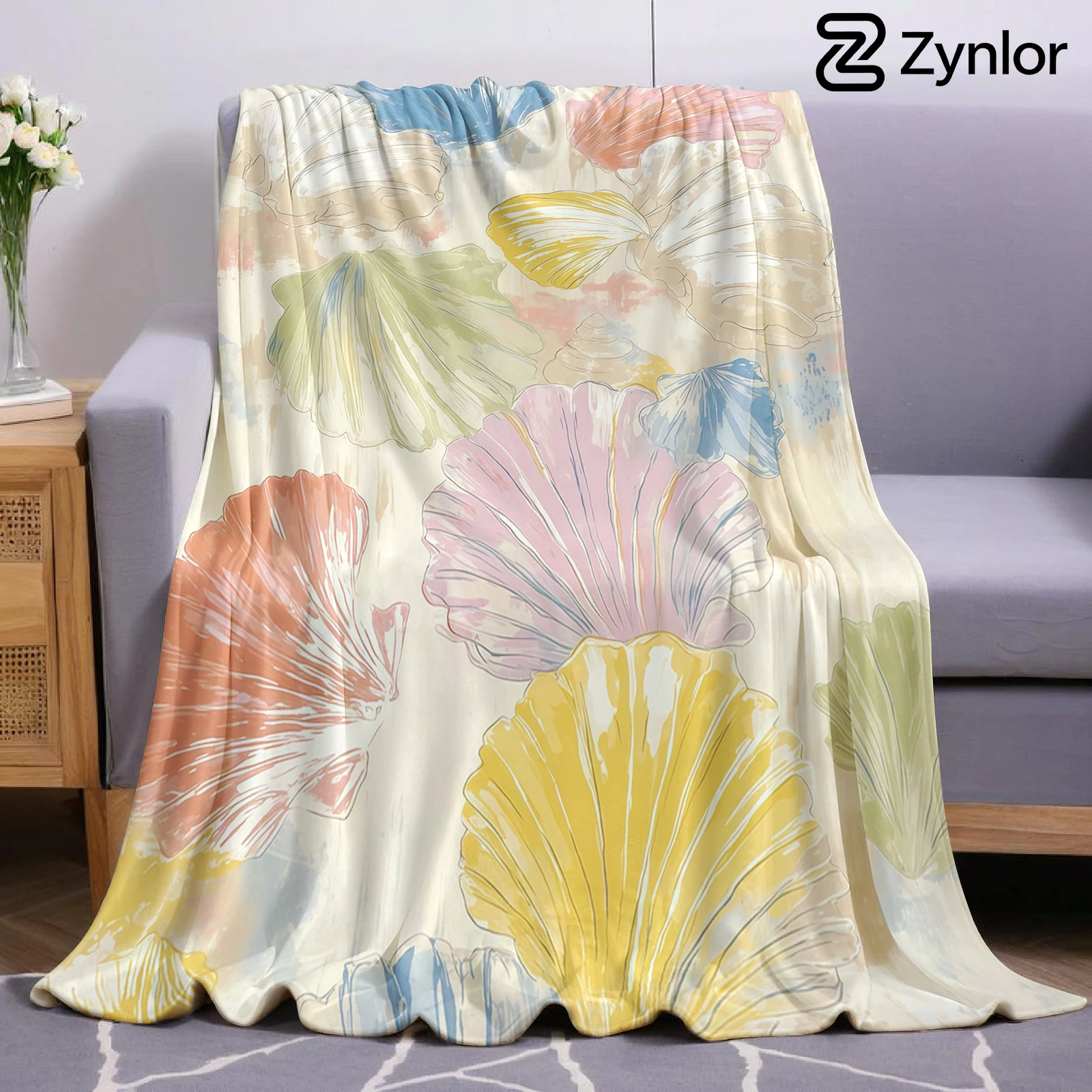 Pastel Shell Cartoon Anime Print Flannel Blanket Soft Warm Throw for Kids Bedroom Sofa Bed Christmas Office Car