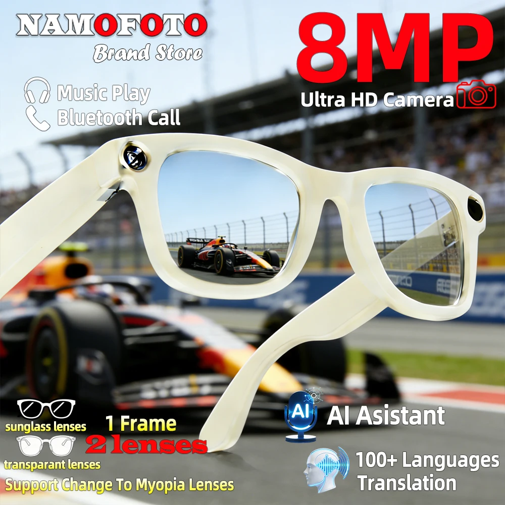 

2026 New AI Smart Glasses 8MP 1080P Ultra-Wide HD Camera Translation Video Voice Record Photo Recognition GPT BT Call Sunglasses