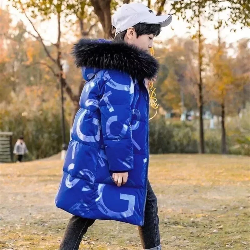 

2024 Winter Boys Jackets Children Thickened Down Coats New Long Fur Collar Casual Outerwear Kids Windproof Padded Clothing